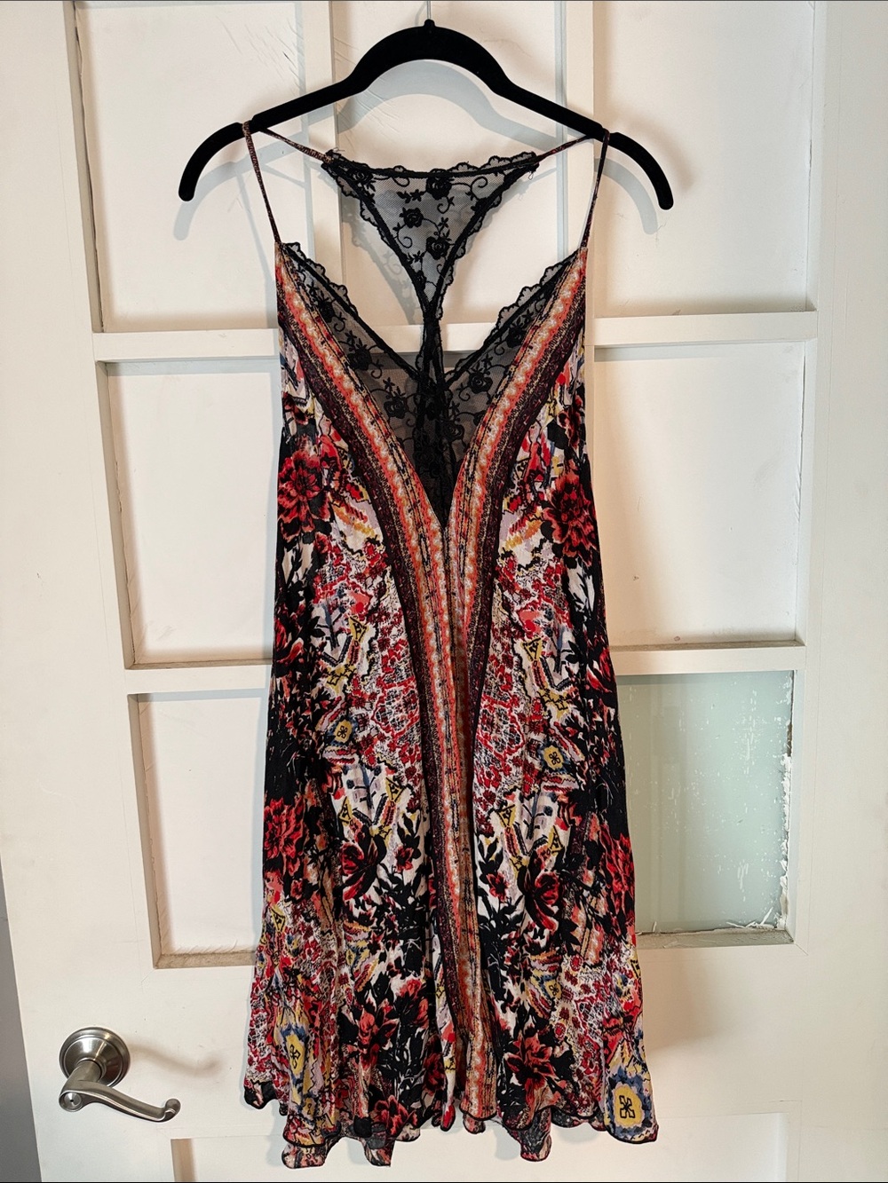 Free People Black & Red Floral Lace-Back Slip Chemise
